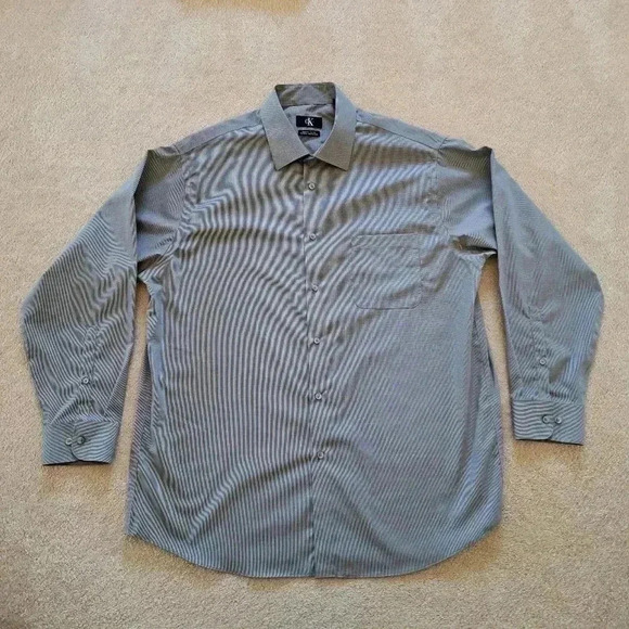 Calvin Klein Men's  Dress Shirt Grey Cotton 17 - 32/33 Micro Check Non Iron - Picture 2 of 12
